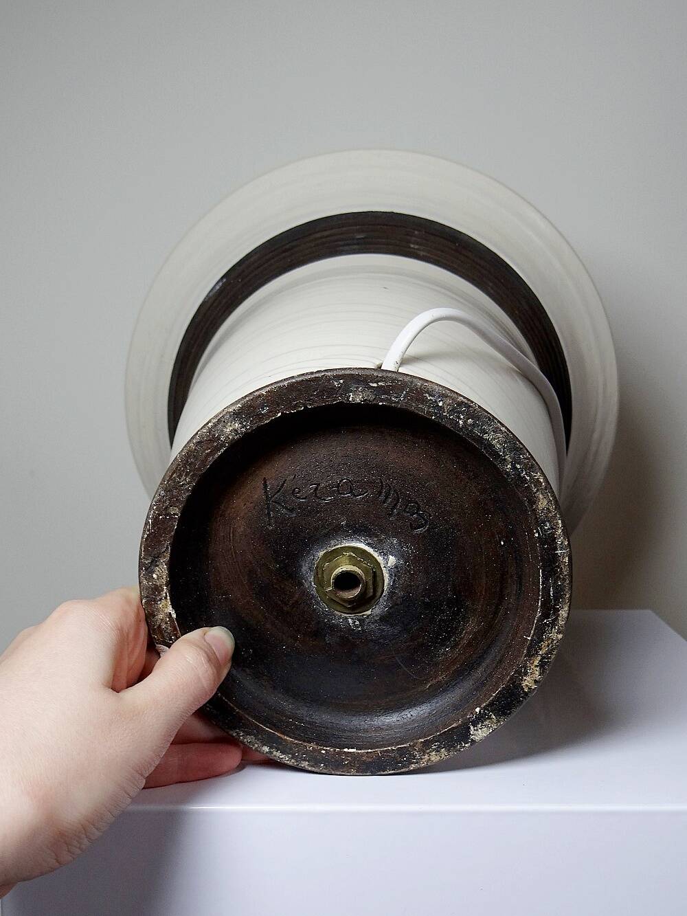 Large modern Raku lamp in beige and brown by Keramos Sèvres - René Hénon