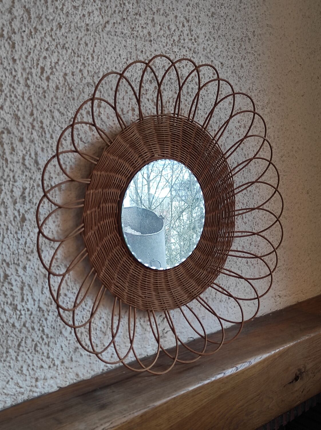 Miroir fleur soleil vintage en osier rotin verre biseauté