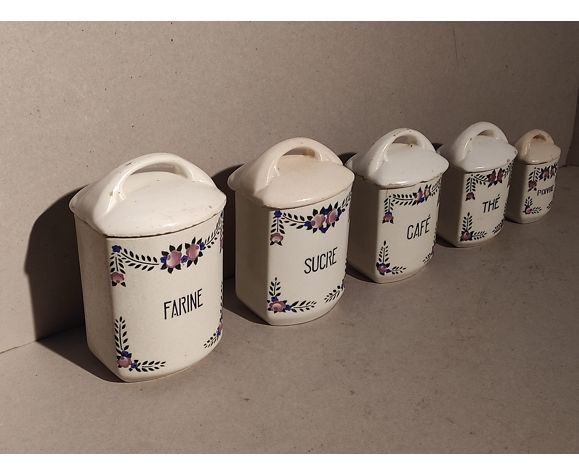 5 old art deco pots in vintage ceramic with spices, flour, pepper, coffee, tea, sugar