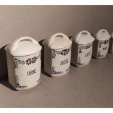 5 old art deco pots in vintage ceramic with spices, flour, pepper, coffee, tea, sugar