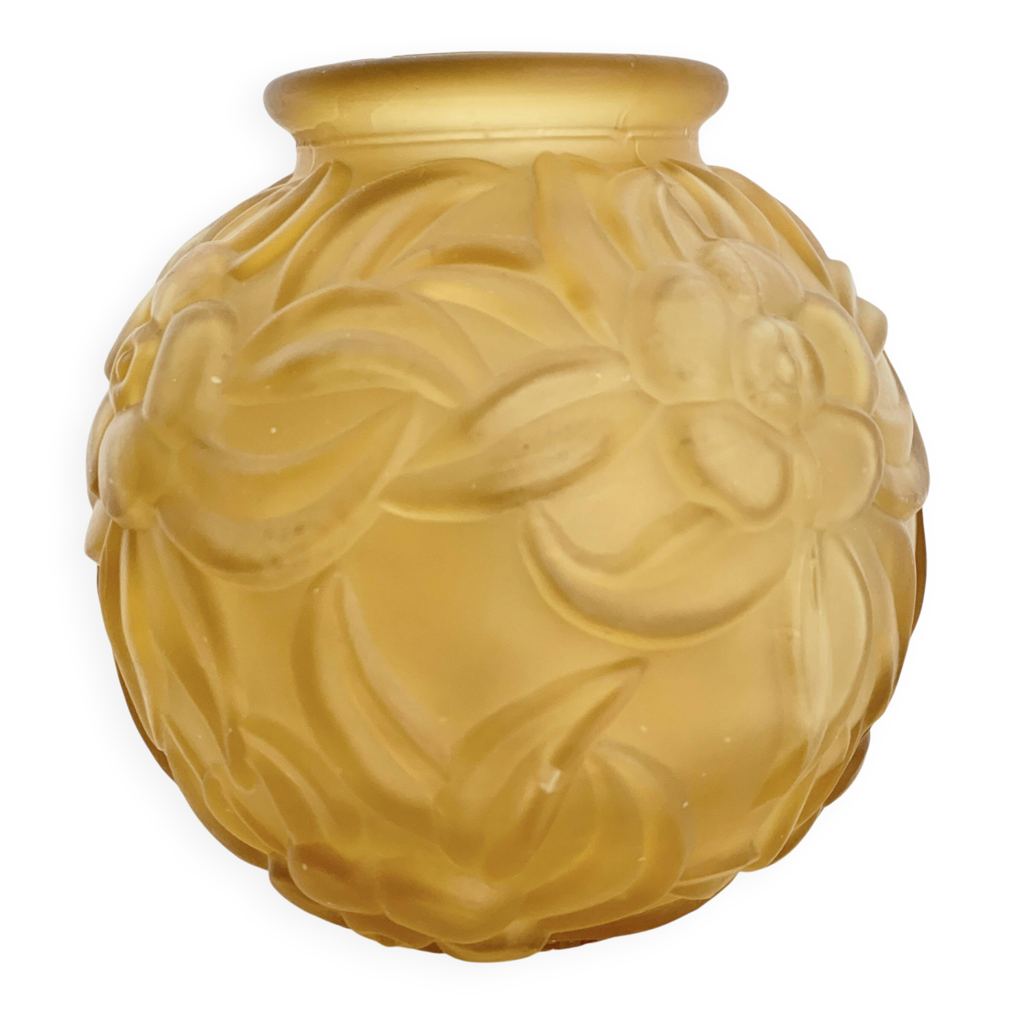 Art Deco orange moulded pressed glass round vase