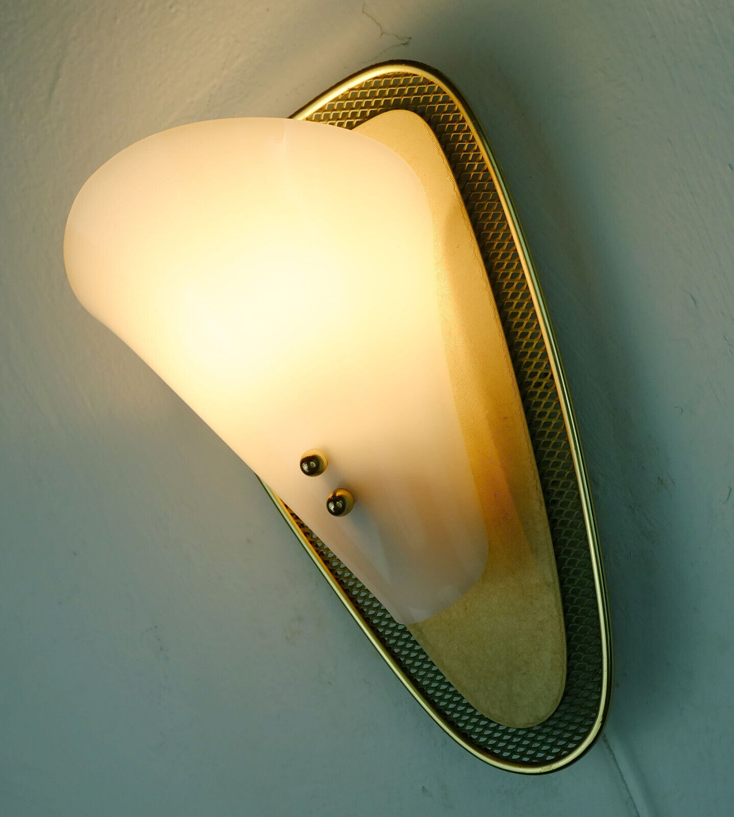 1950s sconce green metal mesh and brass with white acrylic shade