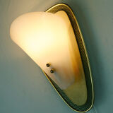 1950s sconce green metal mesh and brass with white acrylic shade