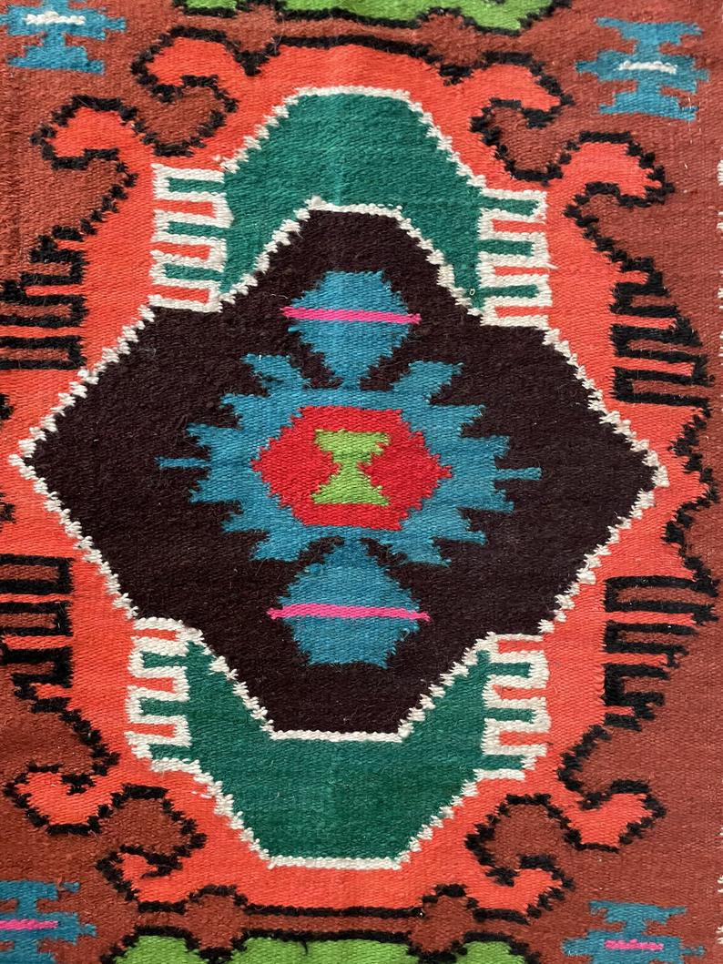Moldavian runner rug with stylized flowers and geometric design