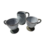 Signed grey-white artisanal stoneware cups and pot