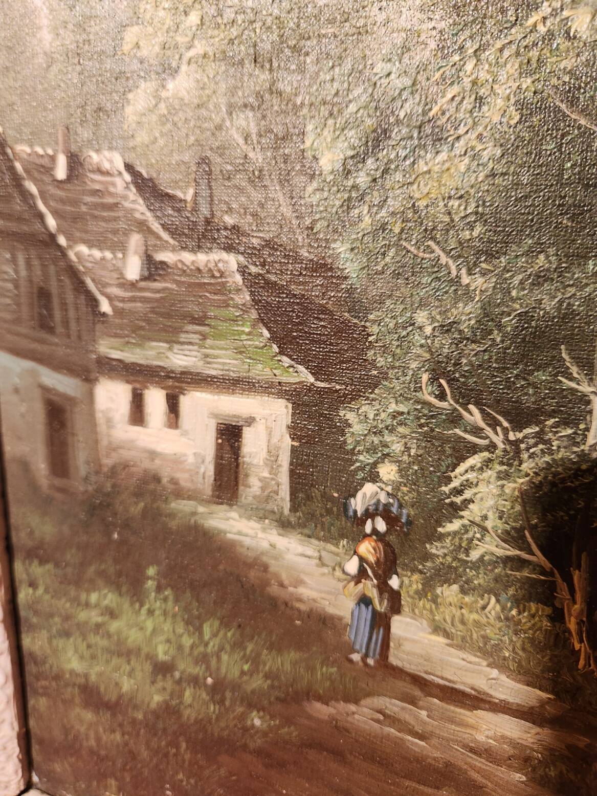 Old painting Oil on canvas Animated lake landscape signed Henry