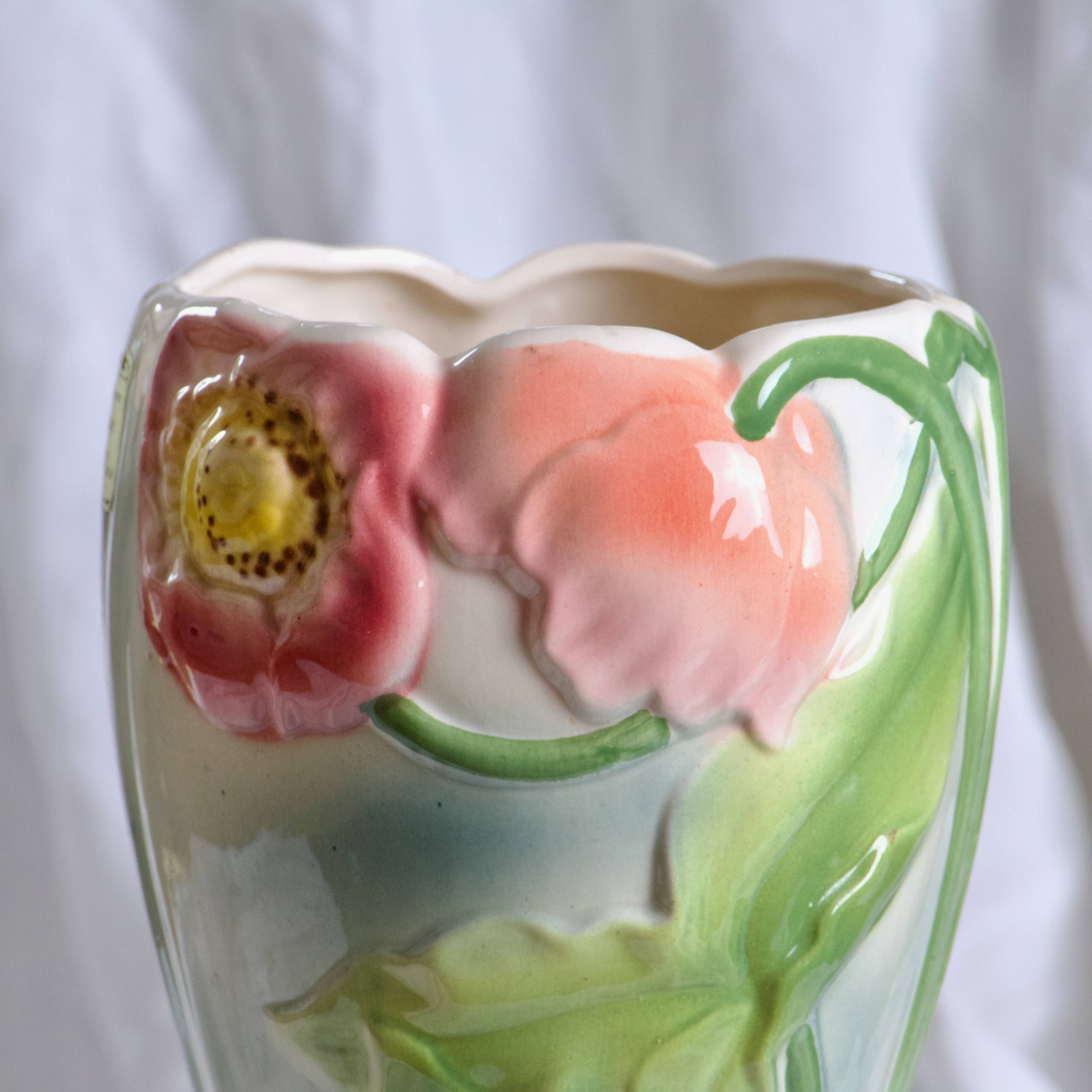 Large antique St Clément vase in barbotine Anemones hand painted