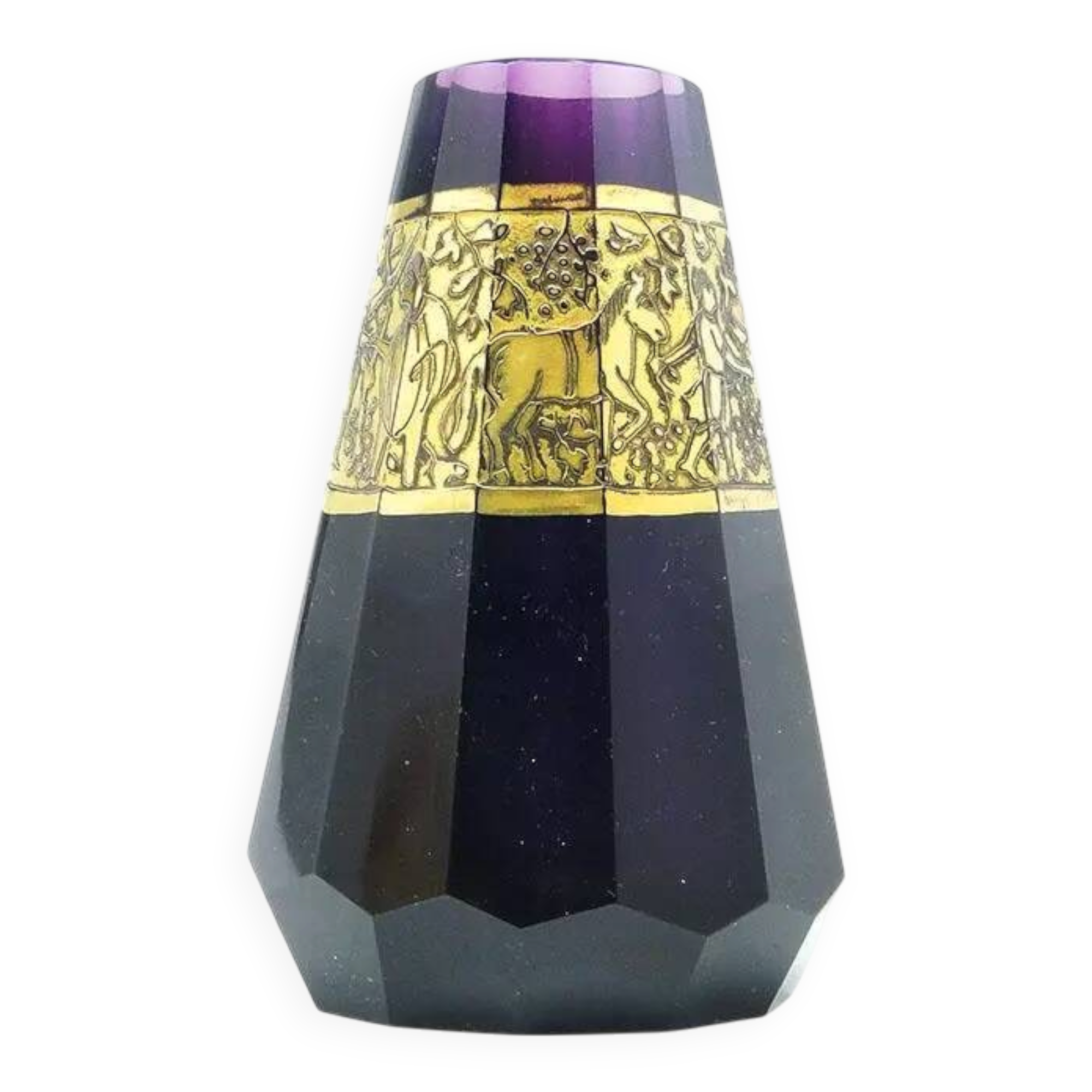 Art Deco vase, amethyst glass, gilded oroplastic, Moser, Czechoslovakia, 1930s