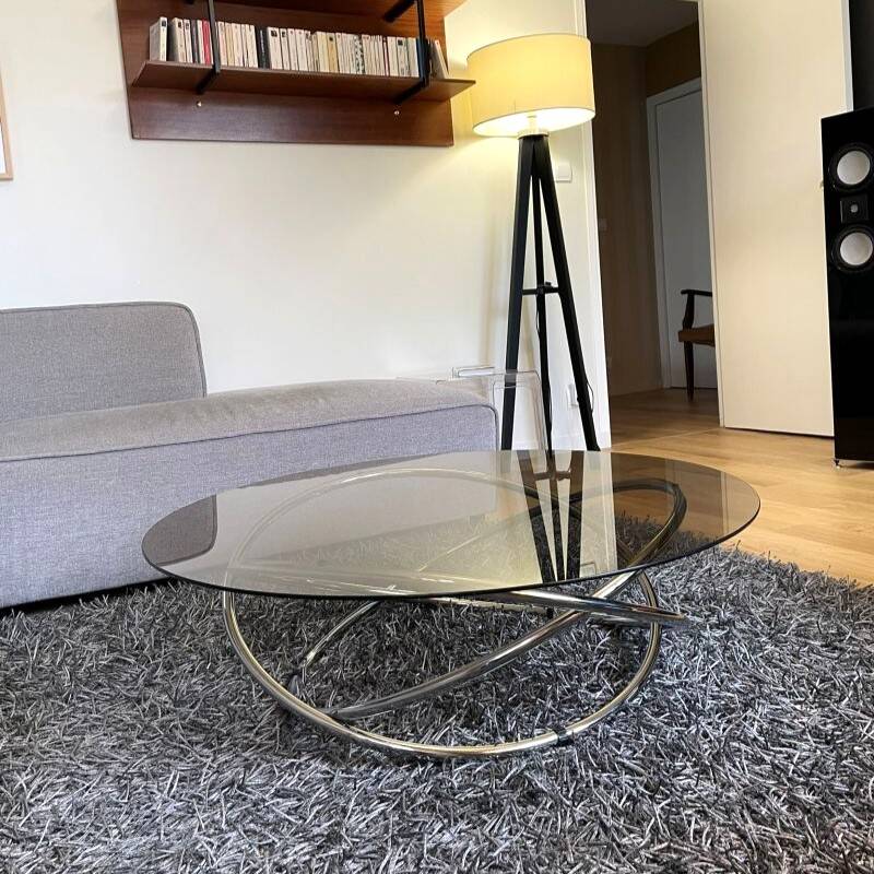Table basse ronde en chrome et verre fumé, Miniforms "Swirl", Made in Italy