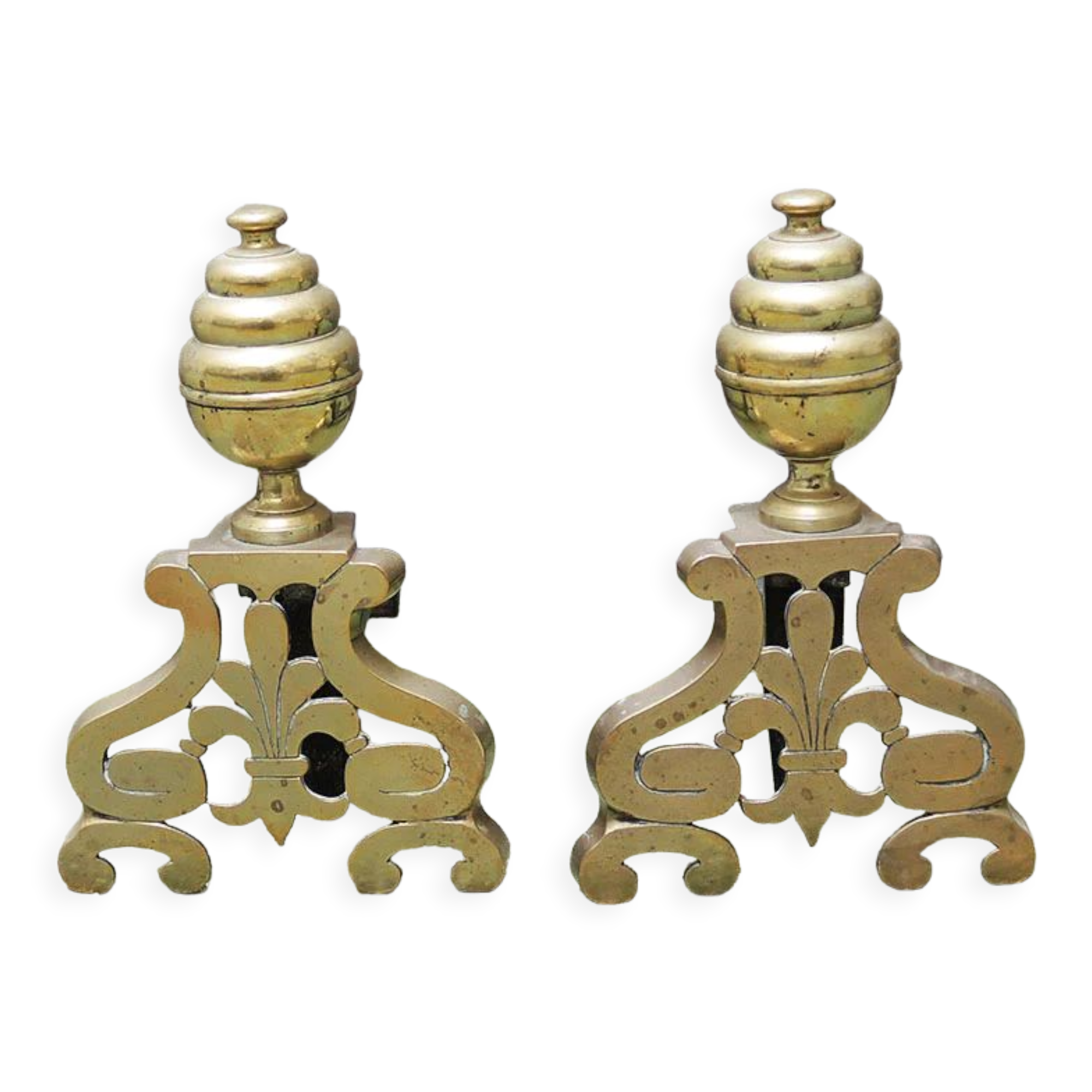 Brass chenets & fleur de lys cast iron