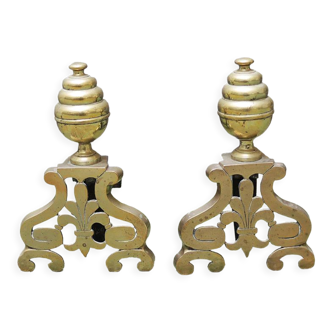 Chenets en laiton & fonte fleur de lys