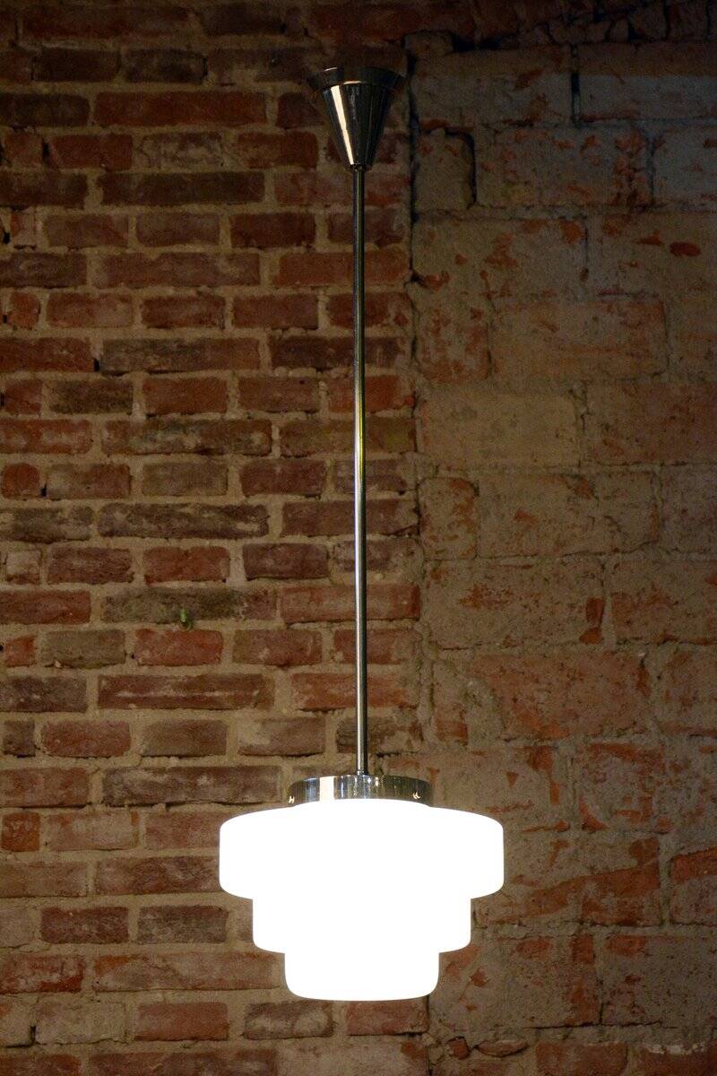 Art Deco Chandelier in Chrome-Plated Steel and Opaline Glass, Czech, 1920s