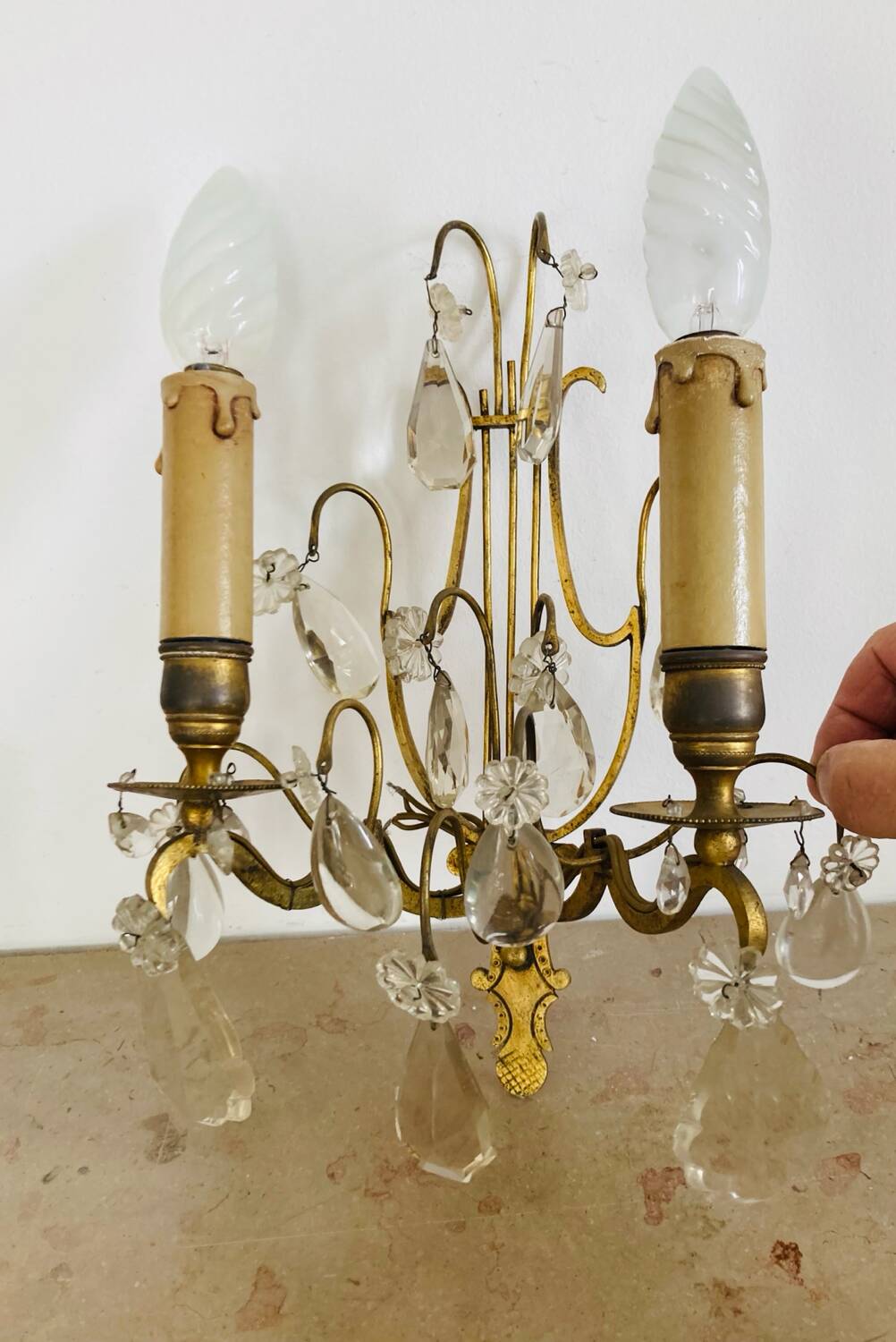 19th century Lyres wall lights in bronze, brass and glass pendants