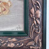 Antique original flower oil painting, yellow roses still life art