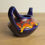 Blue red and yellow ceramic teapot attributed to bertoncello deco