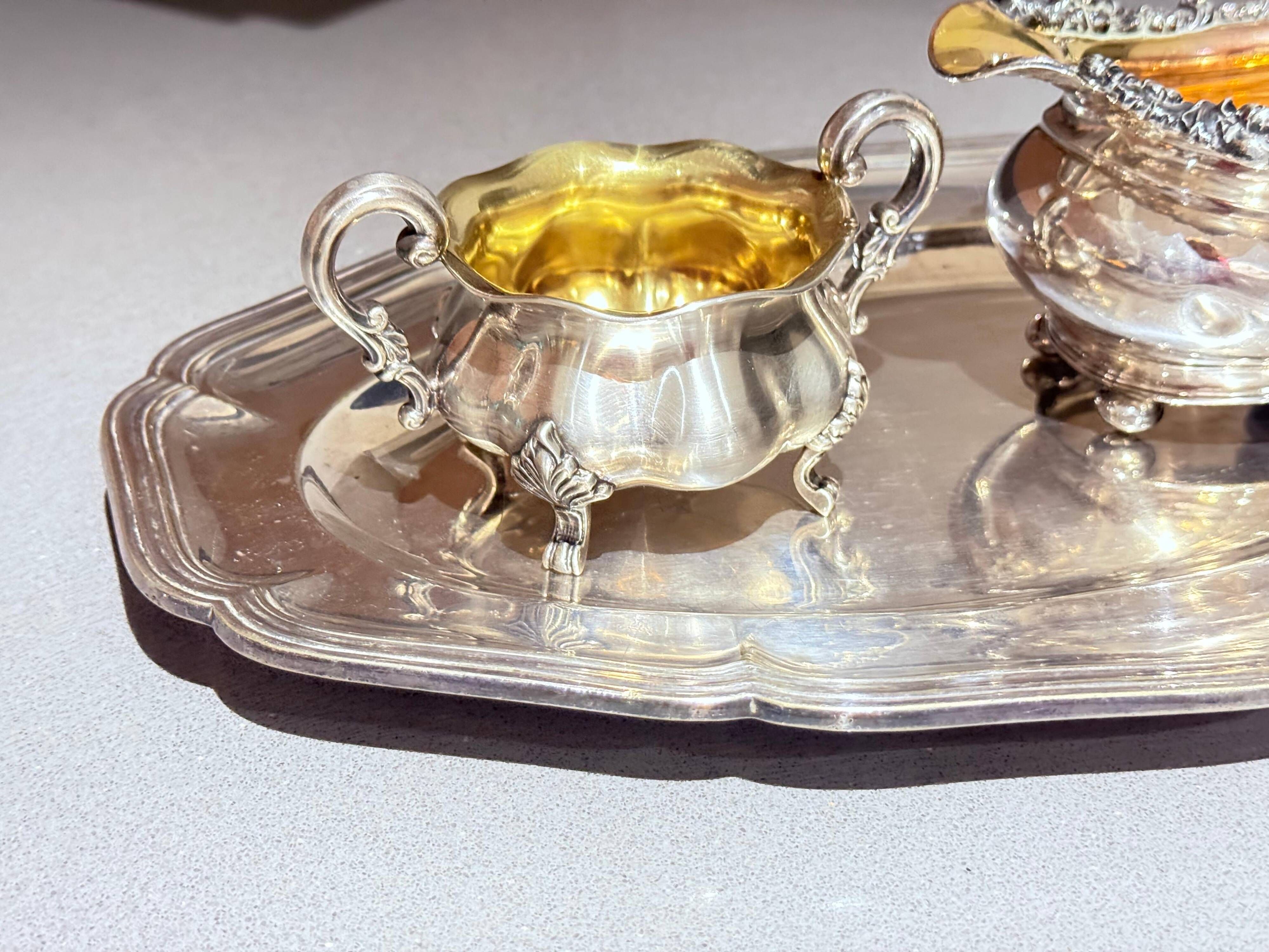 Antique Tea Set 4 Part English Silver Serving Tray, gild Home Decorative Objects