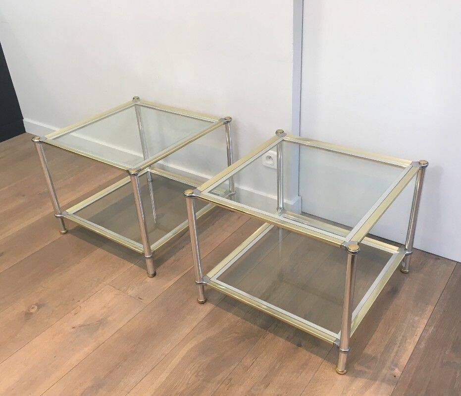 Pair of chrome, gold and silver side tables