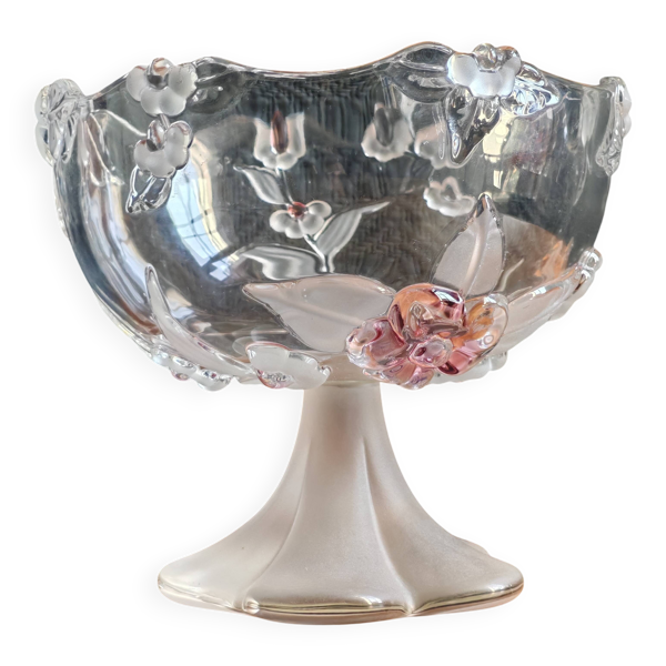 Coupe sur Pied Vintage en Verre Dépoli – Décor Fleurs Roses en Relief