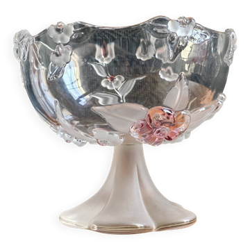 Coupe sur Pied Vintage en Verre Dépoli – Décor Fleurs Roses en Relief