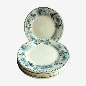 Set de 6 assiettes plates Terre de fer art deco modèle bocage petits paysages gris-bleu