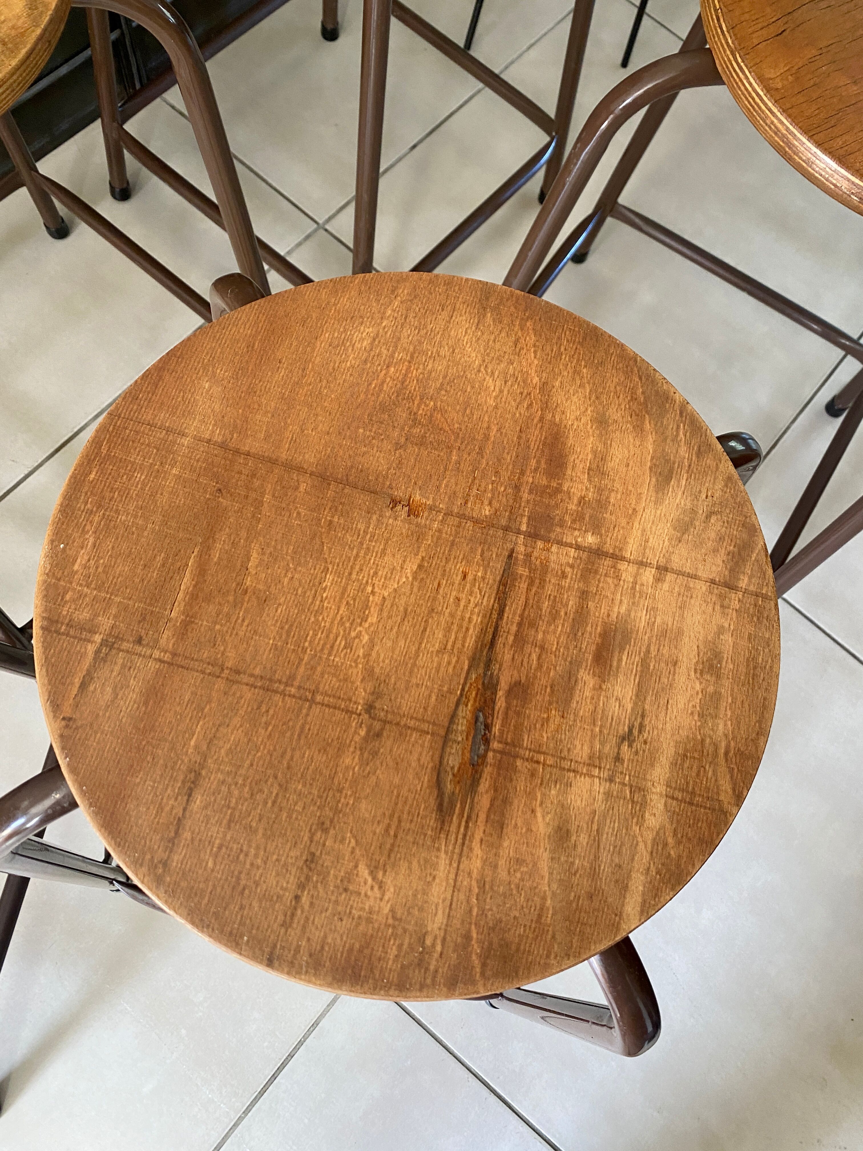 Series of 5 metal and wood workshop stools