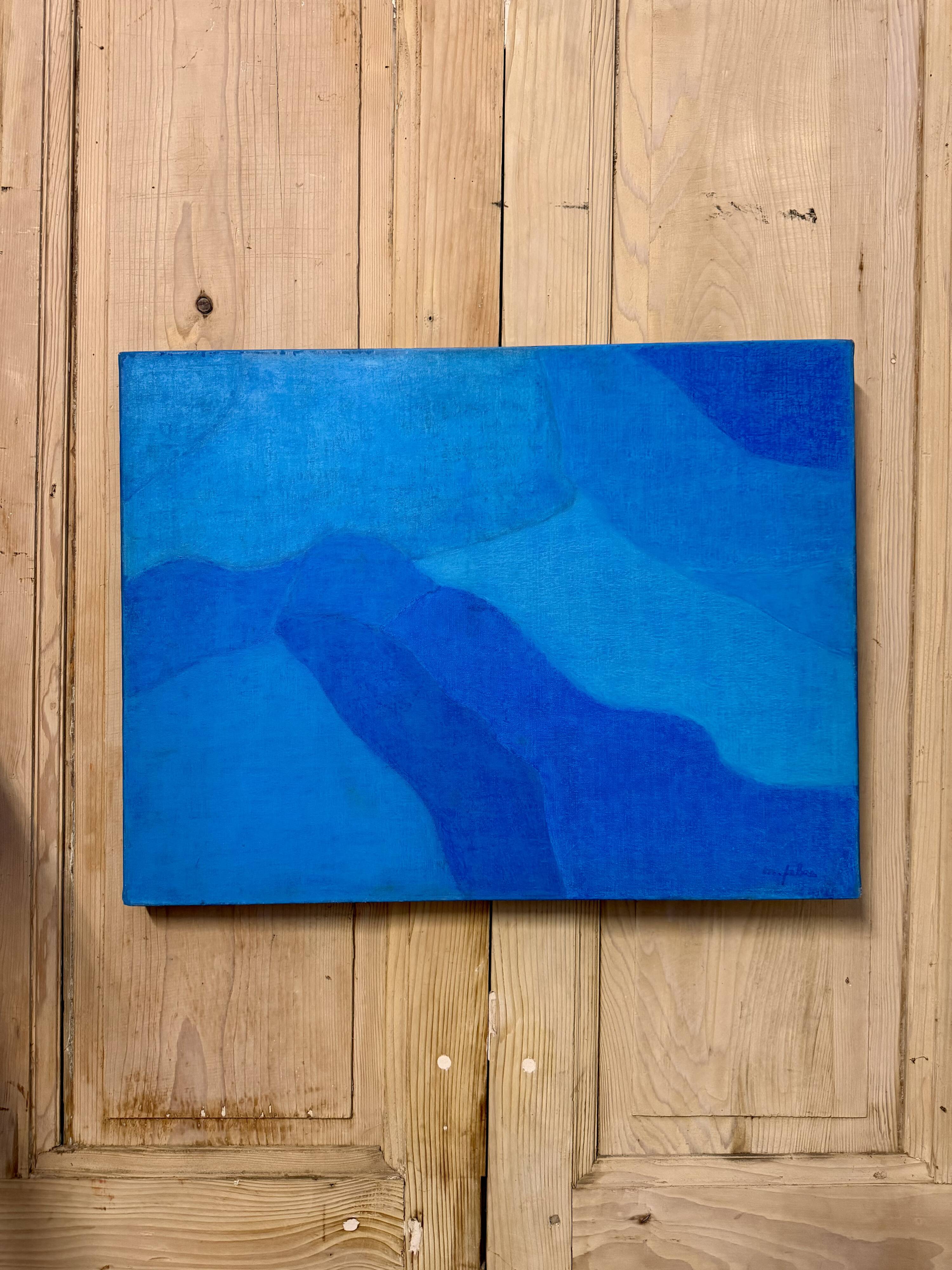 Abstract blue table – minimalist landscape – oil on canvas signed by Michel