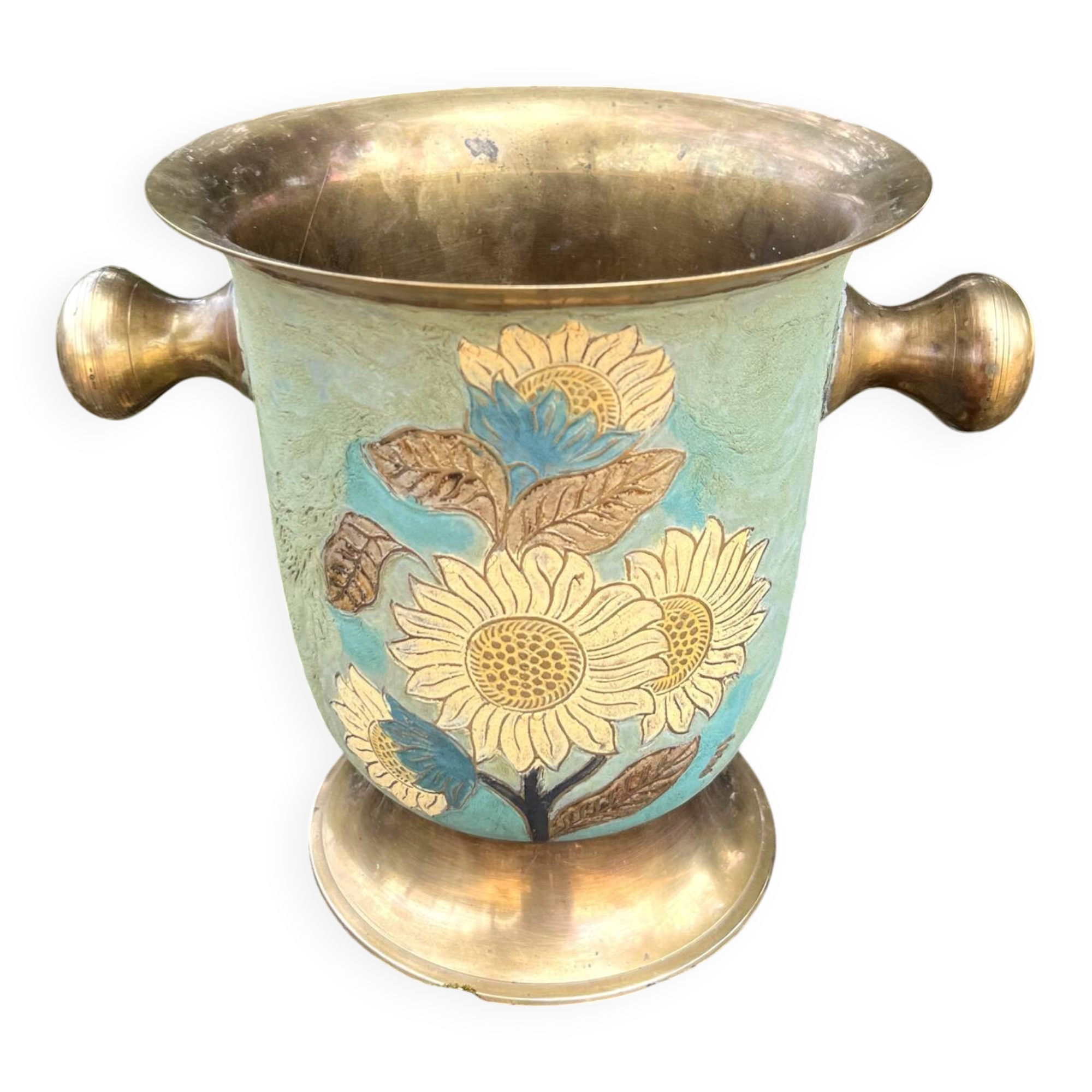Cloisonne Brass champagne bucket with sunflower relief decoration