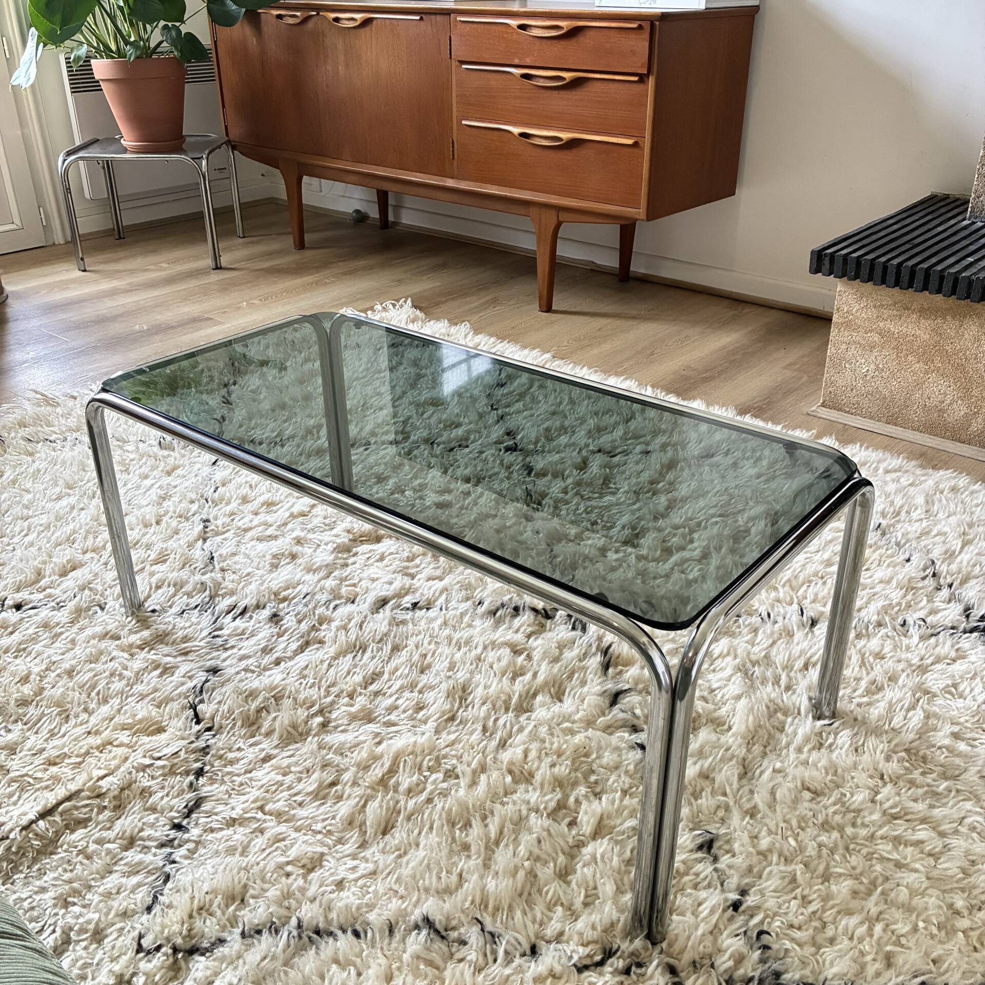Vintage tubular chrome and smoked glass coffee table – 1970s style