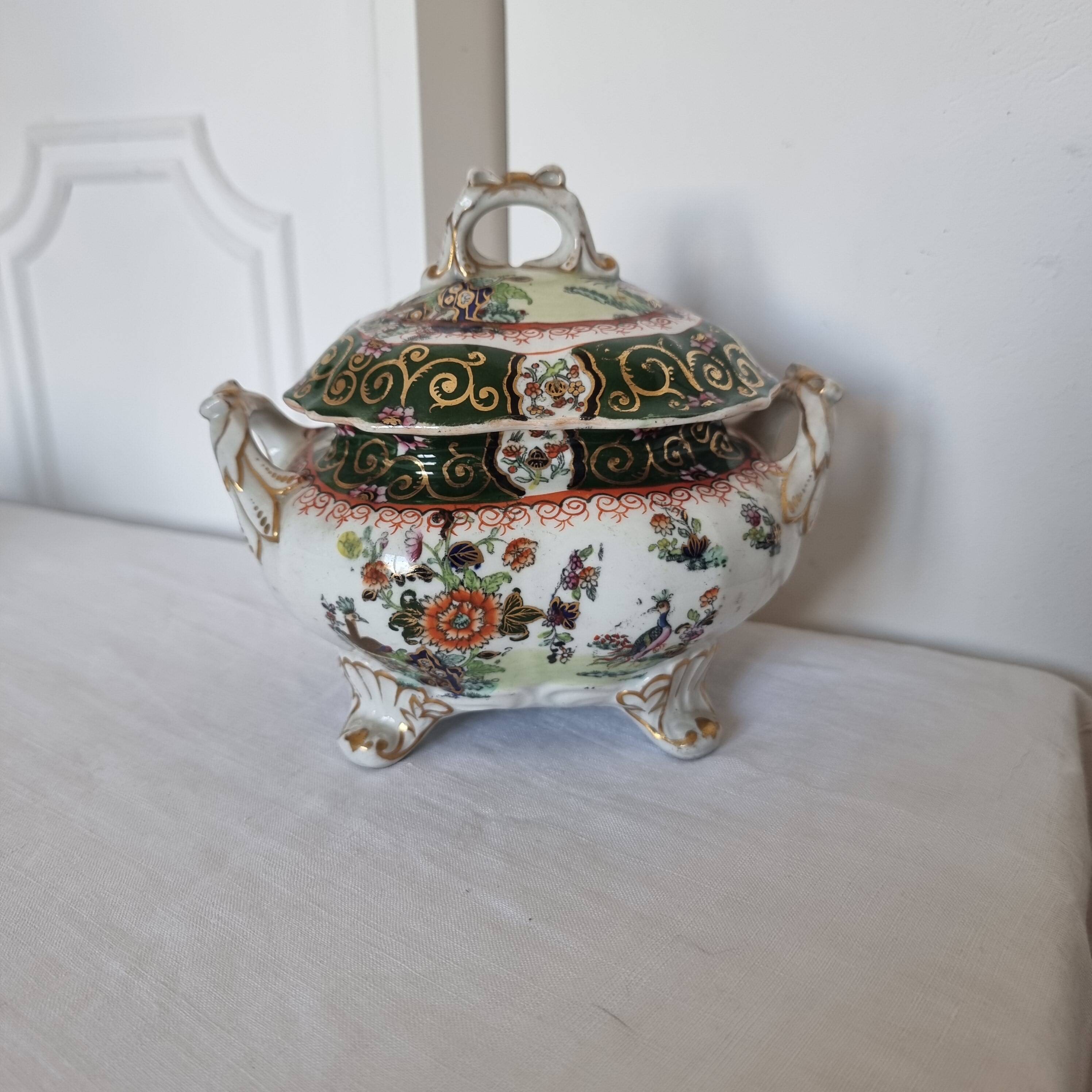 Antique Masons Sauce Boat with Lid English Porcelain Chinoiserie F
