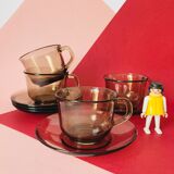 4 Arcoroc coffee cups and saucers in black transparent glass
