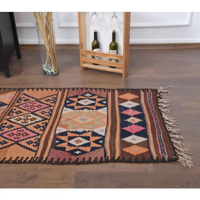 1970s Vintage Turkish Hand-Knotted Wool Cotton Brown Runner Rug 91x355
