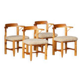 Ensemble de 4 chaises de salle à manger modernes danoises en pin avec accoudoirs et laine d'agneau, années 1970