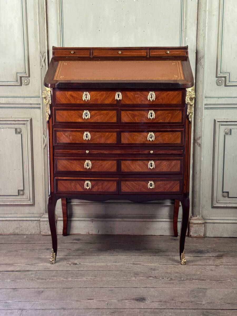 Louis XV Notary Secretary Cabinet in Veneer, Stamped by Nicolas Pet