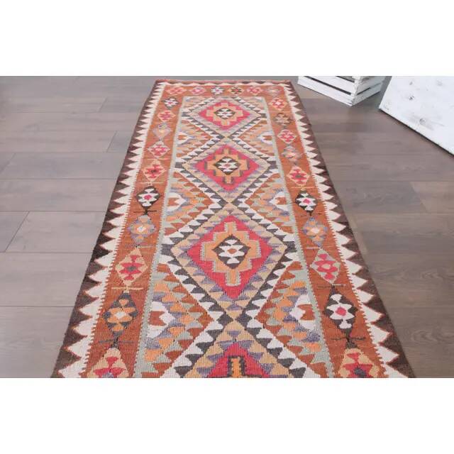 1970s vintage Turkish hand-knotted wool cotton brown runner rug 90x286