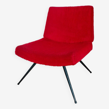 Vintage red moumoute fireside chair with black metal legs