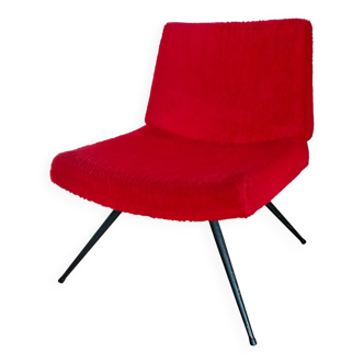 Vintage red moumoute fireside chair with black metal legs