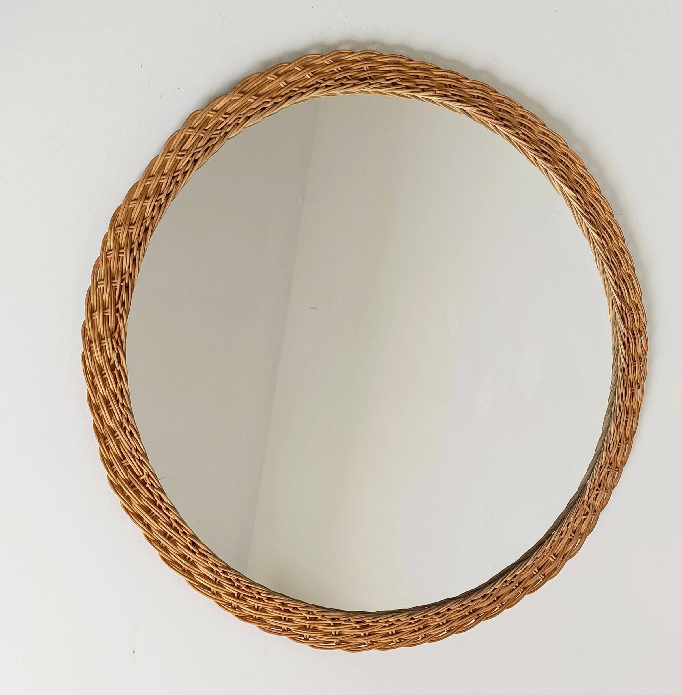 Miroir rond en osier rustique de Provence, milieu du siècle, fait à la main, France