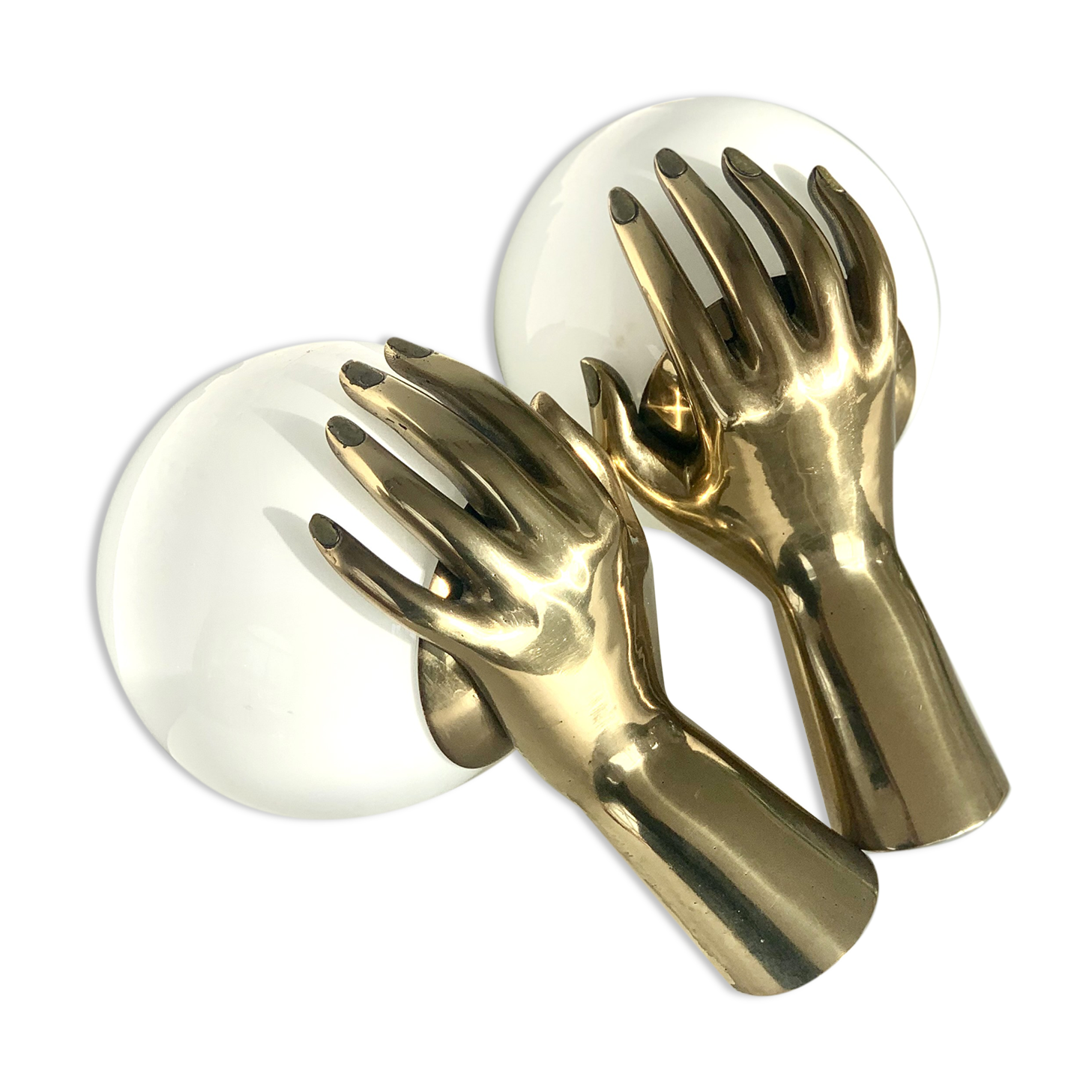 Pair of brass "hands" wall lamps, Arlus 1960