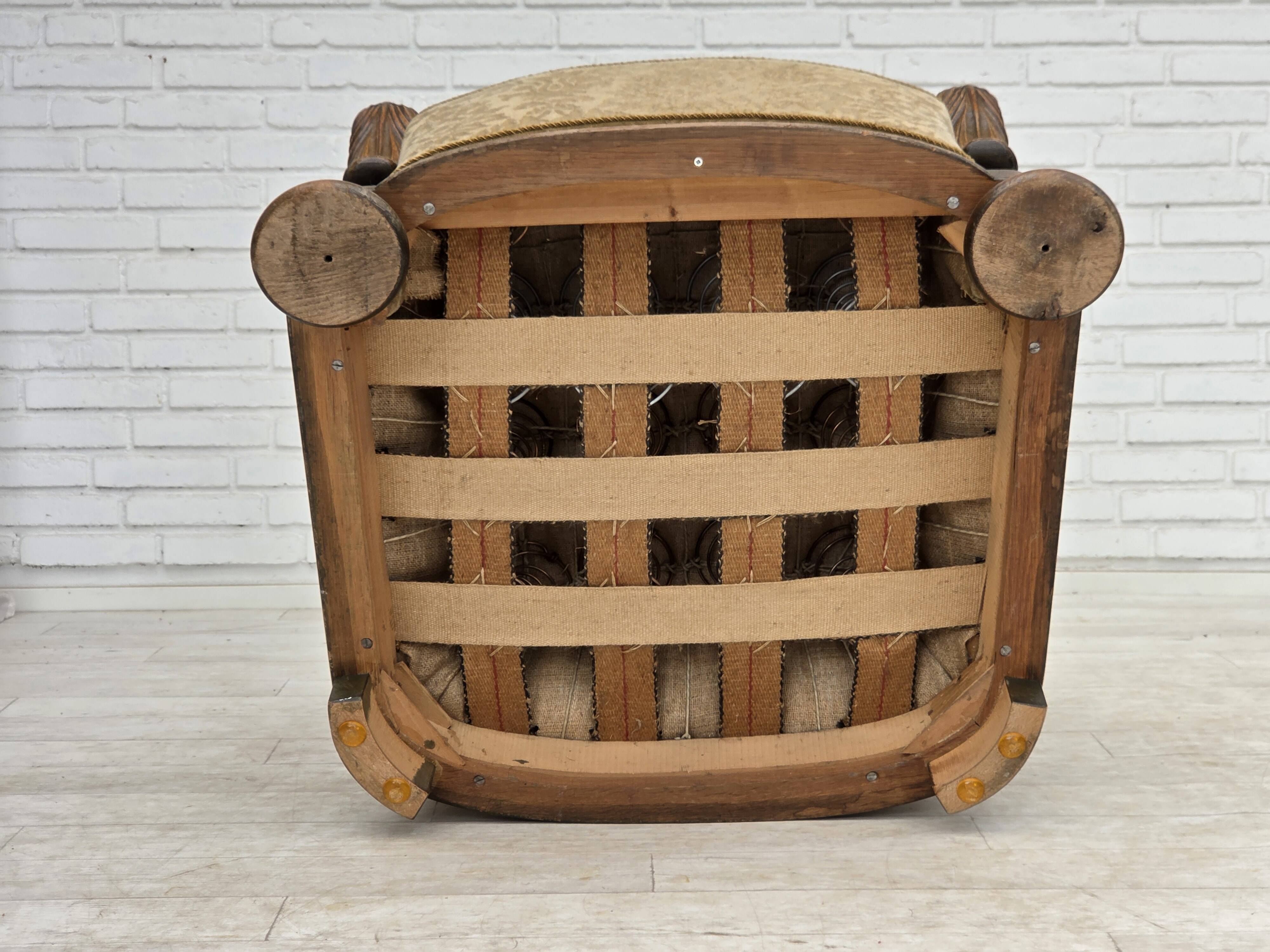 1950s, Danish relax armchair, furniture velour, carved oak wood.