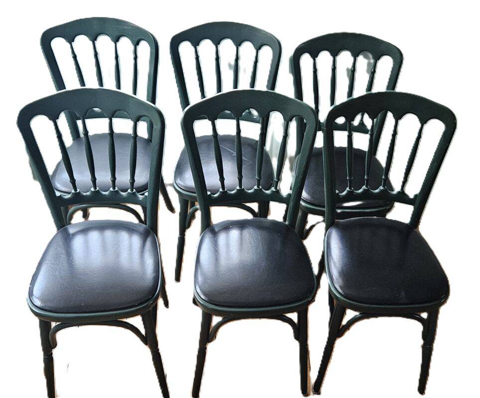 Set of 6 english green bistro chairs and black leatherette seat