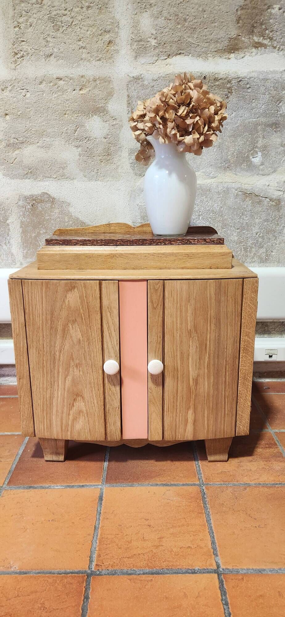 wood and marble bedside table revamped in terracotta