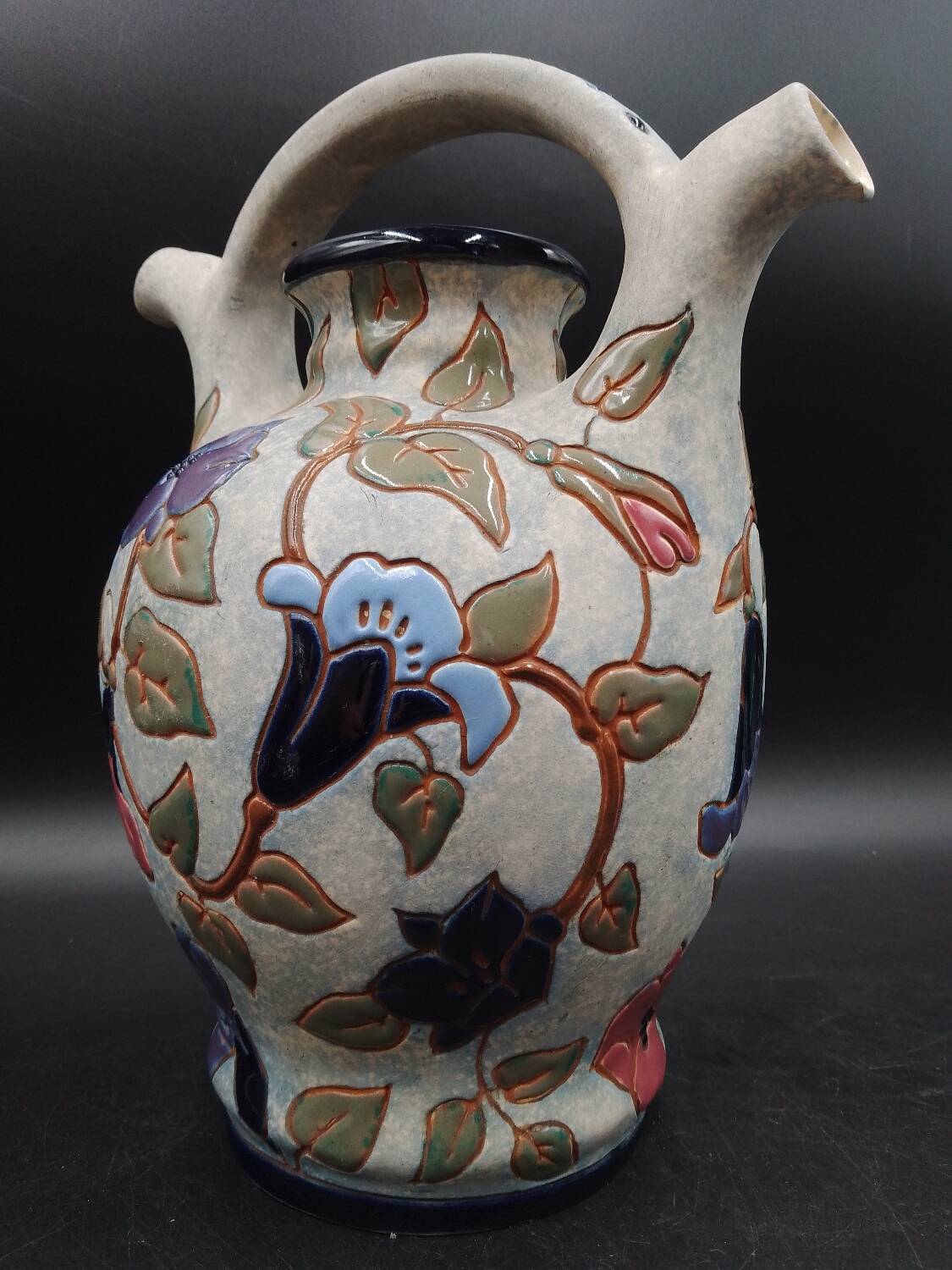 Art Deco Enameled Flower Ewer Vase Signed Amphora Czech Republic