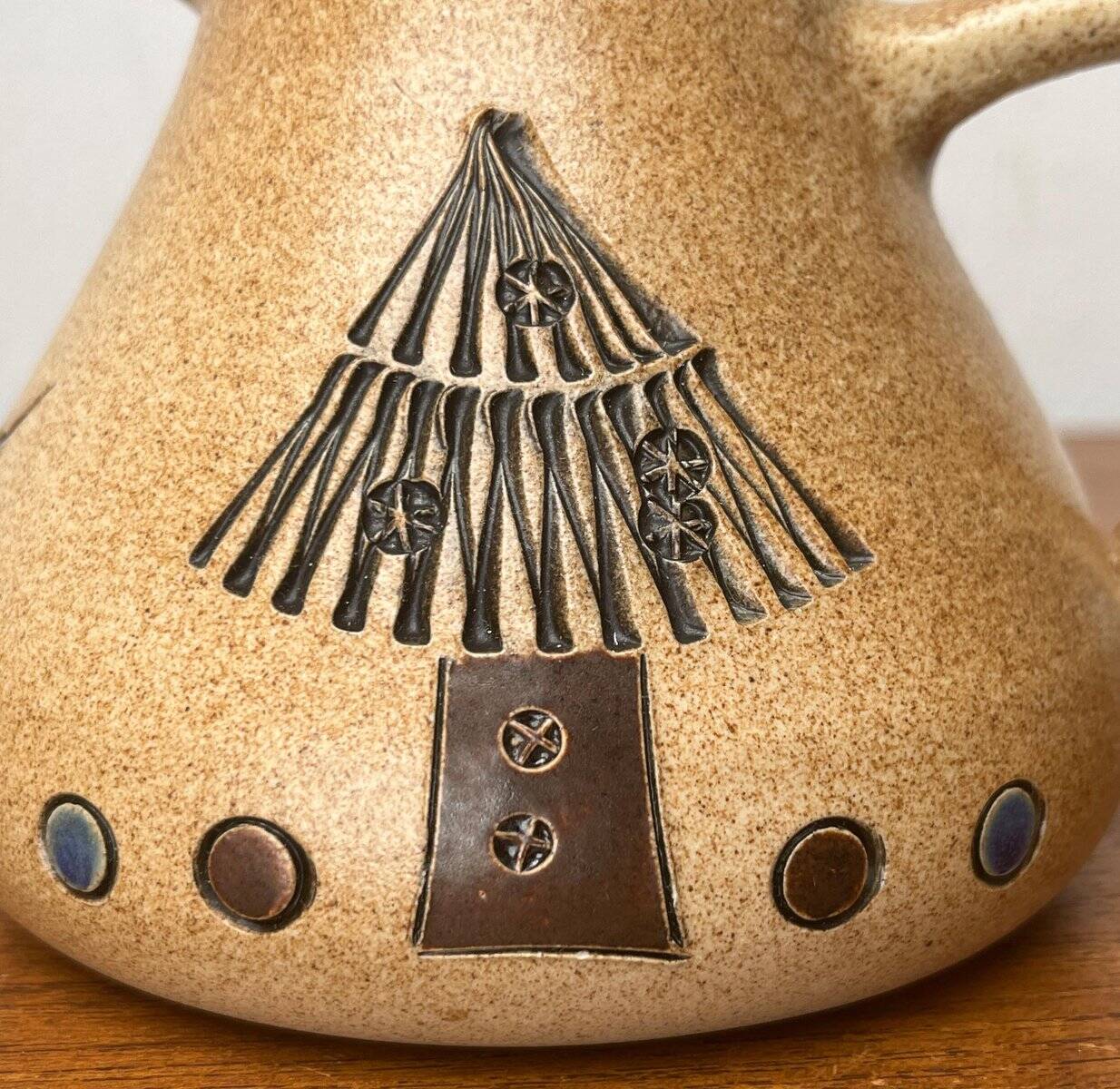 Mid-century German ceramic studio pitcher with owl motif by Heinz Theo Dietz, 1960s.