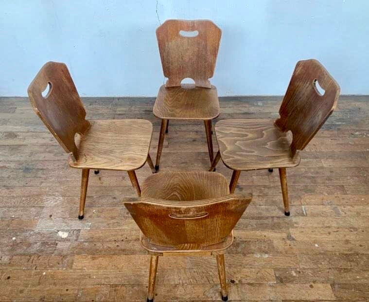Series of 4 vintage rustic bistro chairs in thermoformed wood