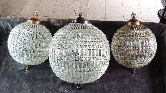 Spherical pendant light with crystal tassels and seed beads / vintage.