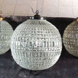 Spherical pendant light with crystal tassels and seed beads / vintage.