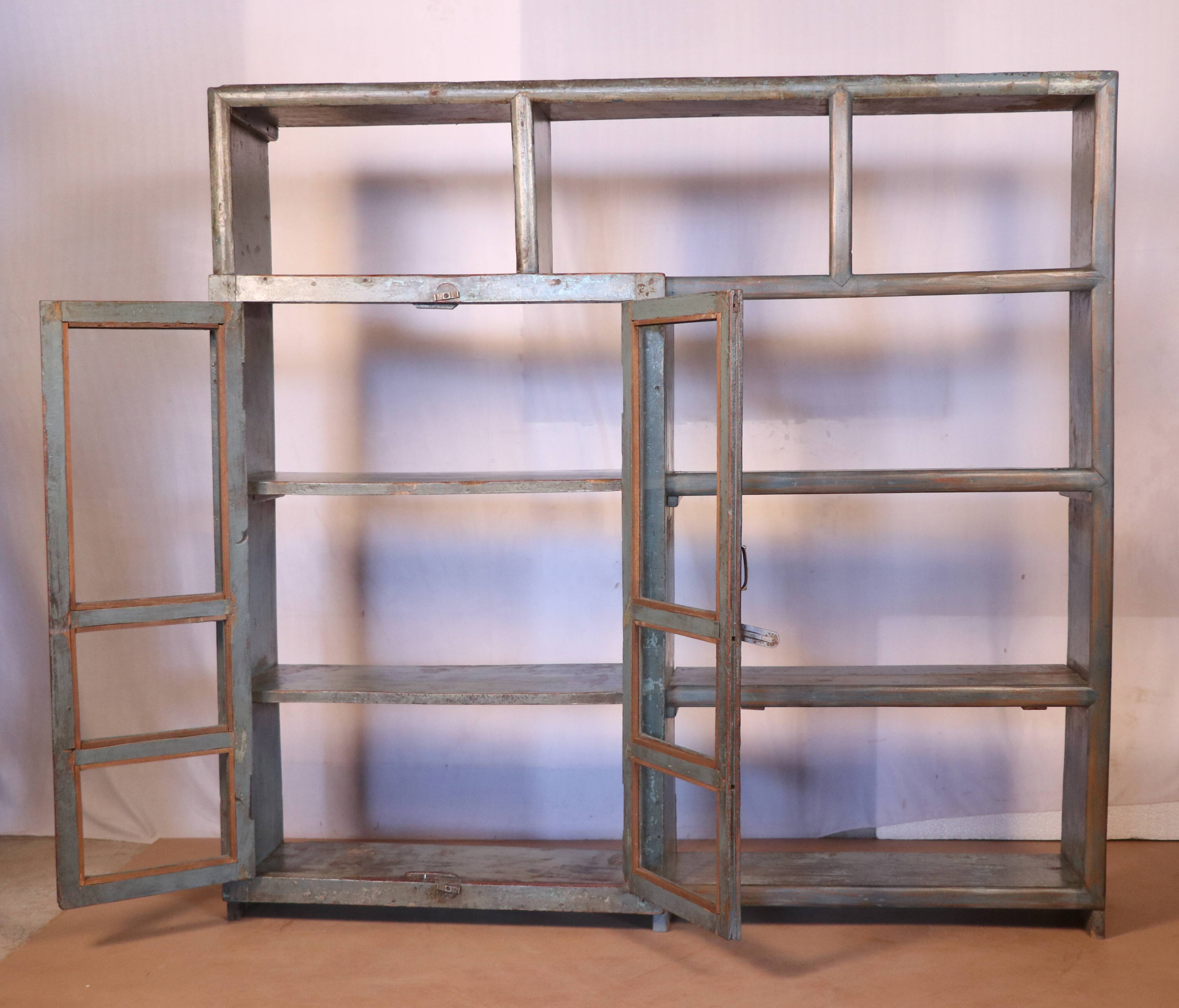 Old shelf, shopkeeper's bookcase in original Burmese teak with blue-gray patina