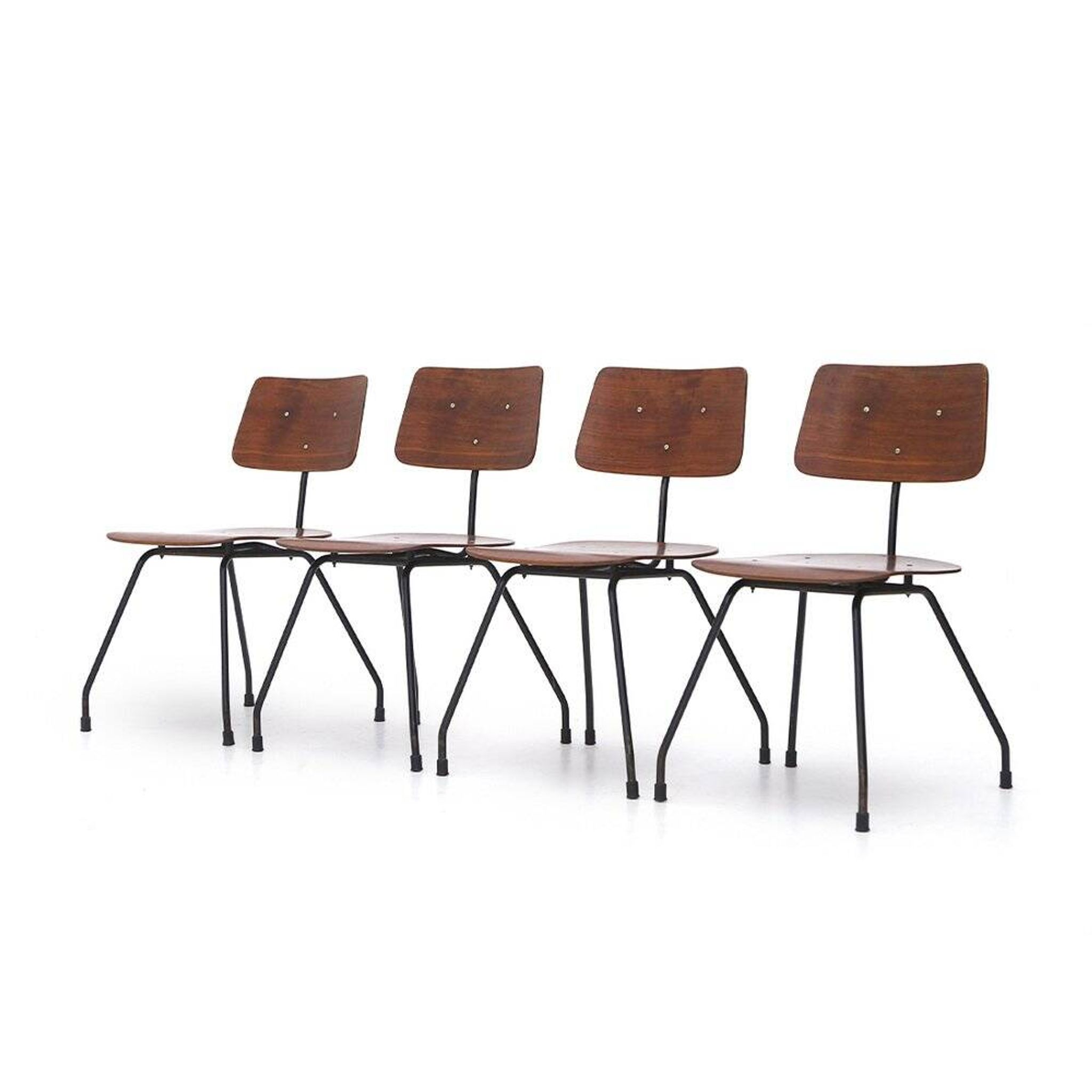 Curved plywood and metal chair, 1950s, set of 4