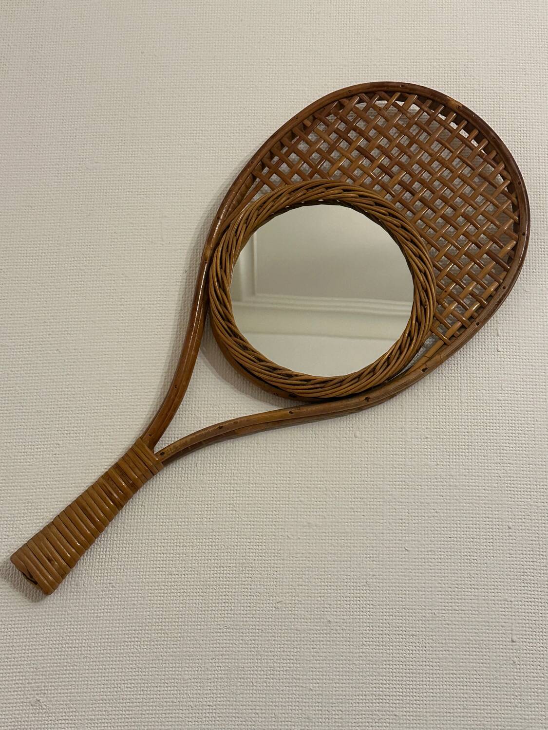 Vintage rattan tennis racket mirror