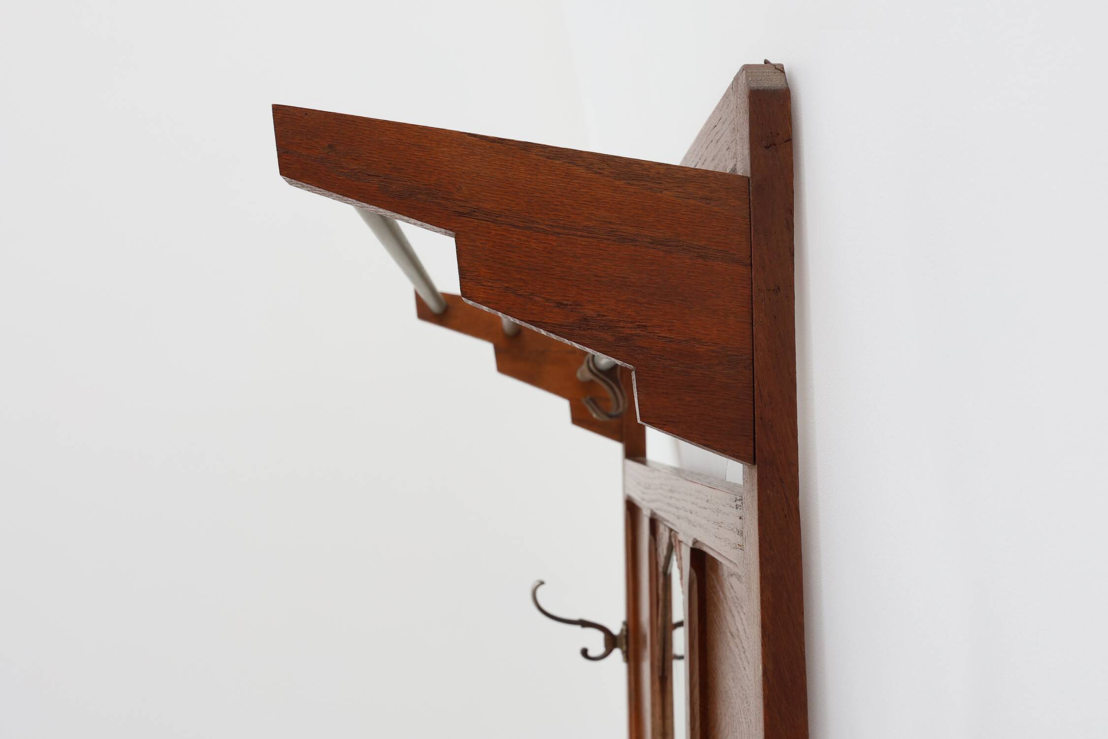 Art Deco oak carved wall coatrack with mirror, France 1920s